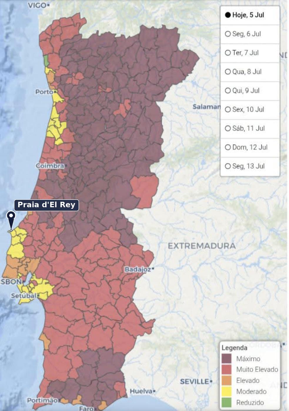 Waldbrandgefahrenkarte Portugal mit Markierung Praia d'el Rey